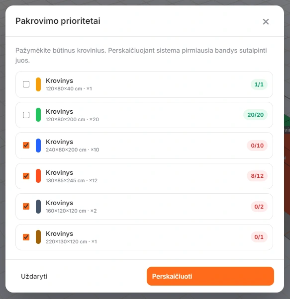 Cubivo pakrovimo prioritetų pasirinkimo langas